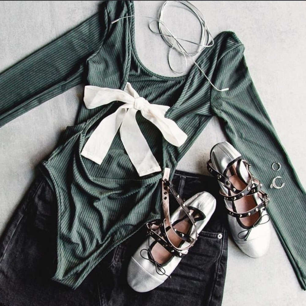 Top Shop Green White Ribboned Low Back Body Suit